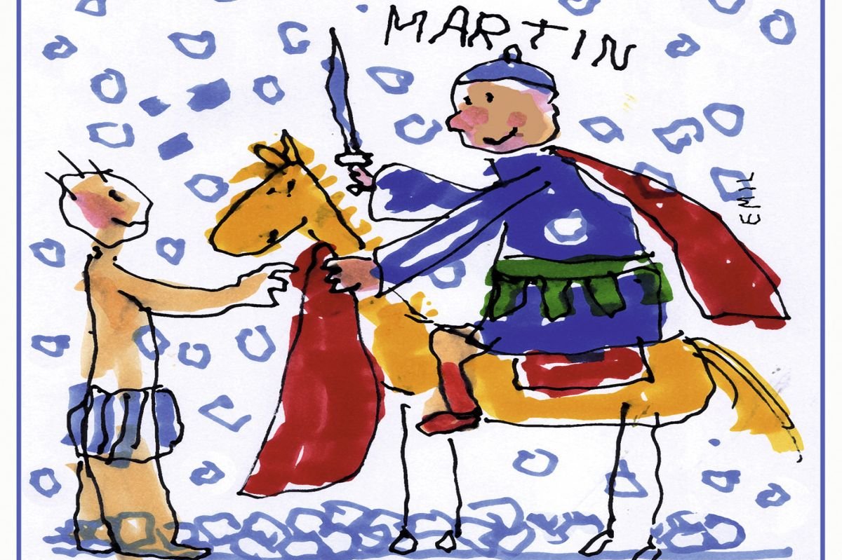 Kinderzeichnung: St. Martin auf dem Pferd verschenkt seinen roten Mantel an einen unbekleideten Mann