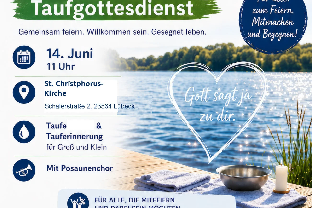 Plakat mit der Einladung zum Taufgottesdienst am Kleinen See in Lübeck Eichholz