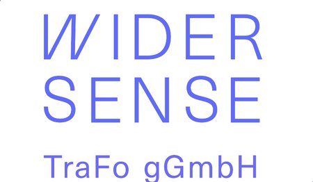 Die Aufschrift Wider Sense TraFo gGmbH in blauer Schriit auf  weißem Grund. Oben links und unten rechts findet sich blaue Elemente in den Ecken eines gedachten Quadrats