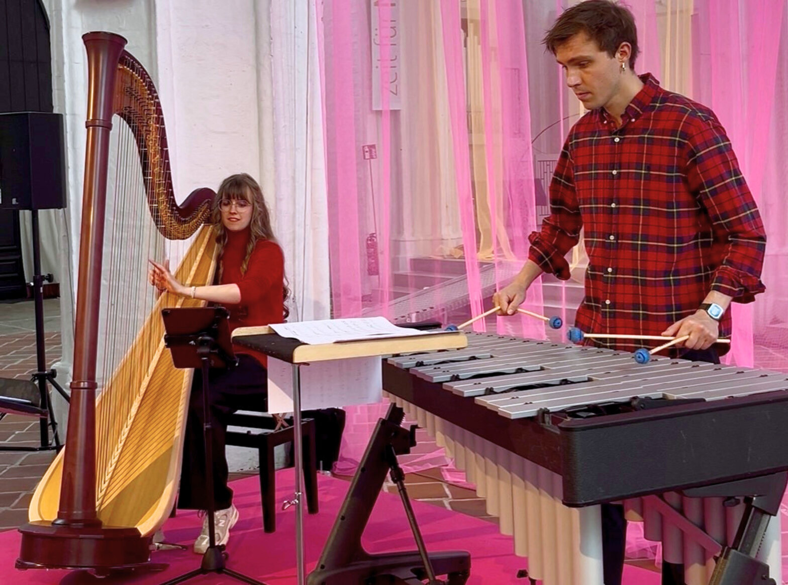 Eine Frau, die Harfe spielt und ein Mann der Vibraphon spielt.