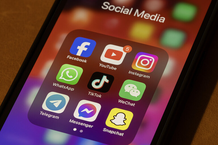 Ein Händy zeigt die Icons von den bekannten Social Media-Plattformen an.