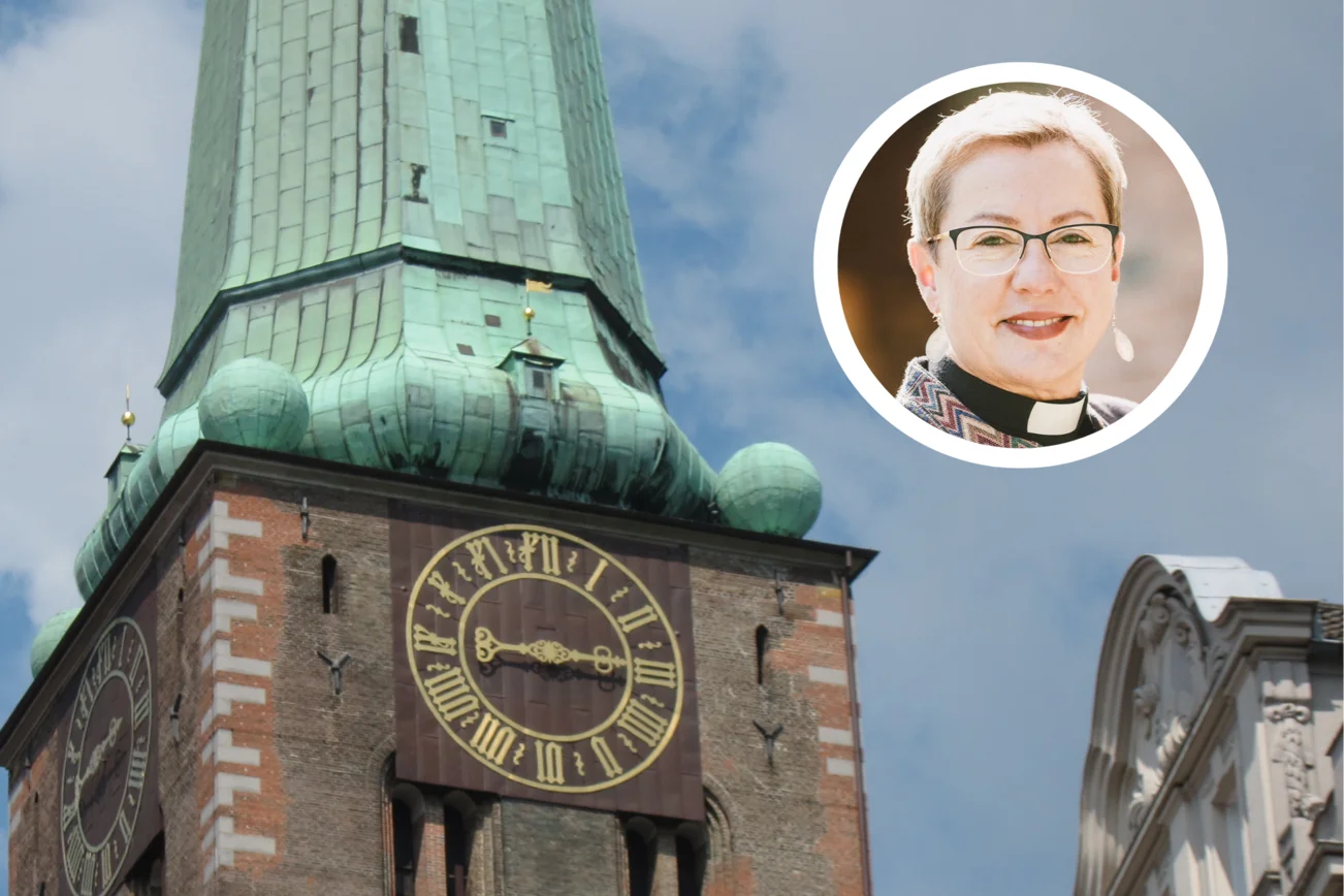 Eine Collage mit dem Turm einer Kirche und einer lächelnden Person