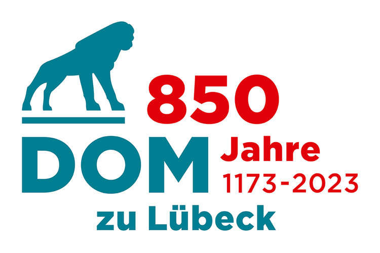 Logo einem Löwen und Schriftzug in Blau: Dom zu Lübeck, Schriftzug in Rot: 850 Jahre 1173-2023 - Copyright: Ev.-Luth. Dom-Kirchengemeinde in Lübeck