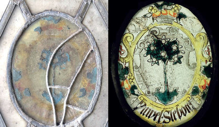 Eine ovale Wappenscheibe aus einem der Südfenster nach der Entfernung der Notbleie und der Restaurierung. Die Inschrift wieder lesbar – vor Einsatz in das Fenster erhielt sie eine neue Verbleiung.  
