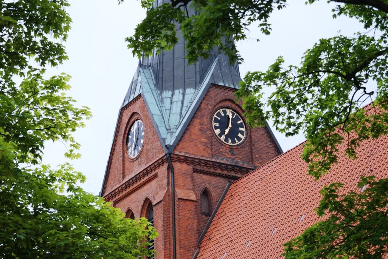 Der Blick auf den Kirchturm durch belaubte Äste. Die Uhrzeiger sind golden, das Blatt ist schwarz.