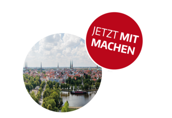 Kreisrundes Foto: Die Silhouette von Lübeck mit den Sieben Türmen - oberhalb rechts ein roter Button mit der Aufschrift: JETZT MITMACHEN - Copyright: Ev.-Luth. Kirchenkreis Lübeck-Lauenburg