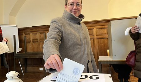 Eine Frau an einer Wahlkabine