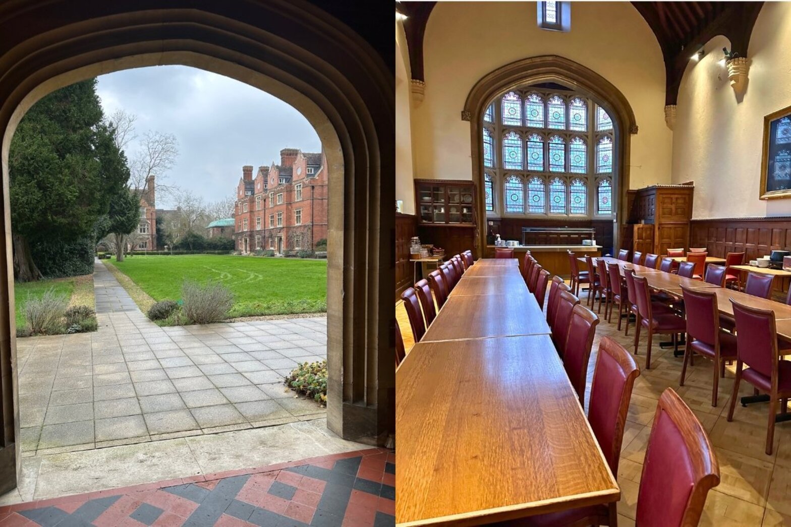 Ansichten eines Innenhofs und eines alten Speisesaals