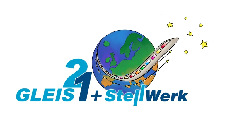 Text Gleis 21 und StellWerk in hell- und dunkelblau, so wie eine Illustration der Erde mit Gleisen und einem Zug