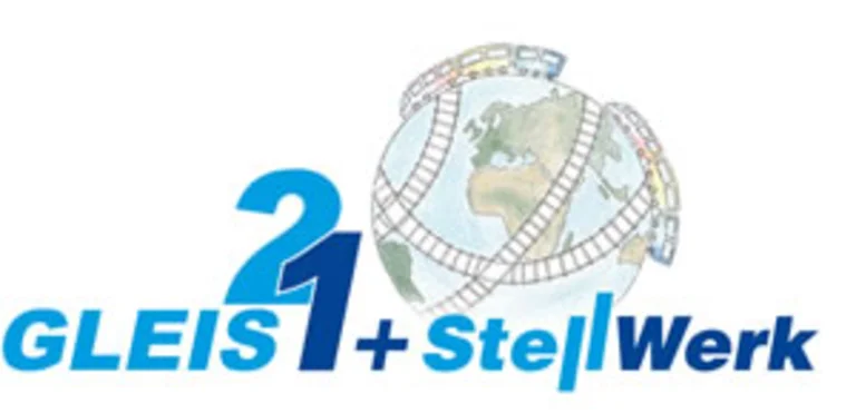 Text Gleis 21 und StellWerk in hell- und dunkelblau, so wie eine Illustration der Erde mit Gleisen und einem Zug