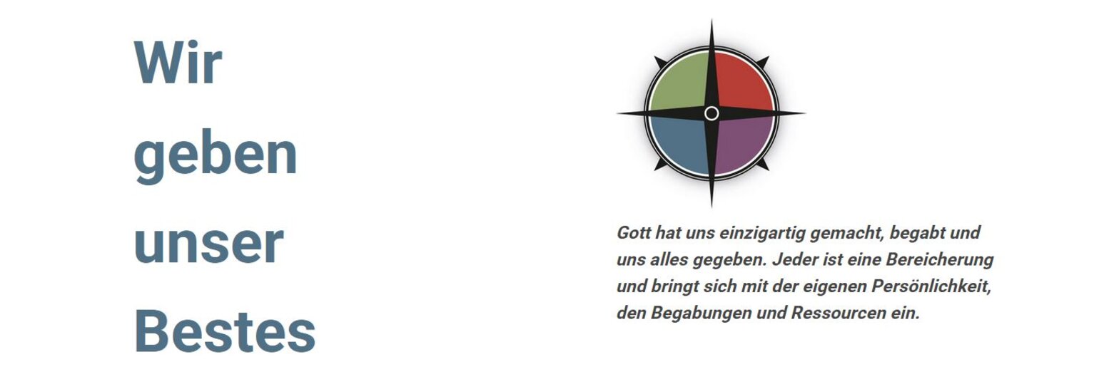 Text link "Wir geben unser Bestes", rechts eine bunte Windrose und Text darunter