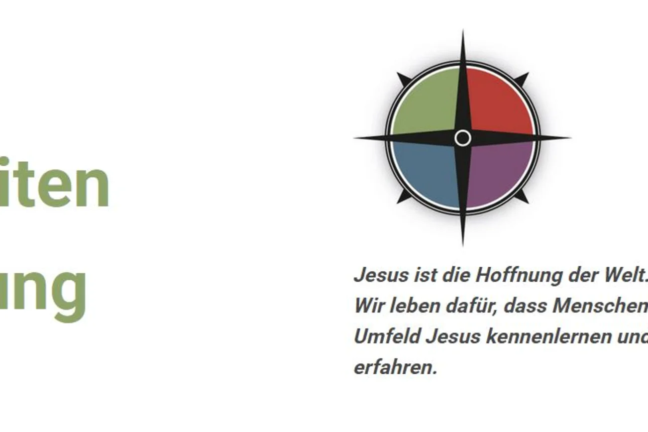 links Text "Wir verbreiten Hoffnung, rechts eine bunte Windrose und Text darunter