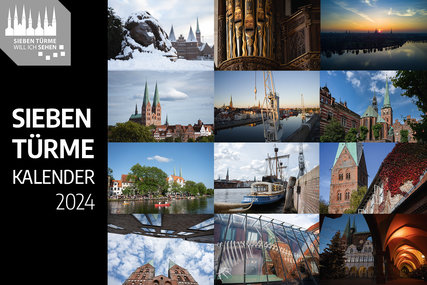 Die 12 neuen Bilder des Sieben-Türme-Kalenders auf der rechten Seite in vier Reihen. Auf der Linken Seite der Schriftzug'Sieben Türme Kalender 2024 untereinander | Oben links ein grauer Pfeil mit dem Sieben-Türme-Logo in weißer Schrift - Copyright: Ev.-Luth. Kirchenkreis Lübeck-Lauenburg