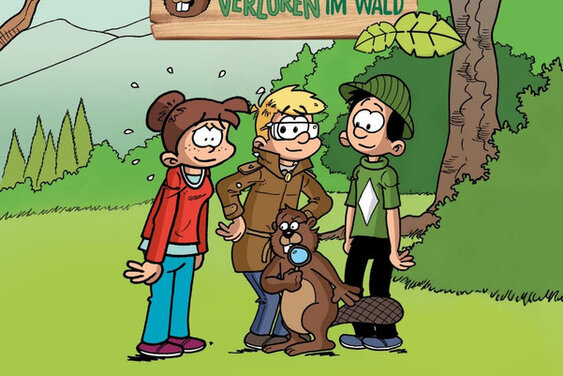 Eine Illustration mit drei Kindern vor einem Wald und einem Biber mit einer Lupe vor Ihnen. Unter dem Bild Text. - Copyright: Bibellesebund