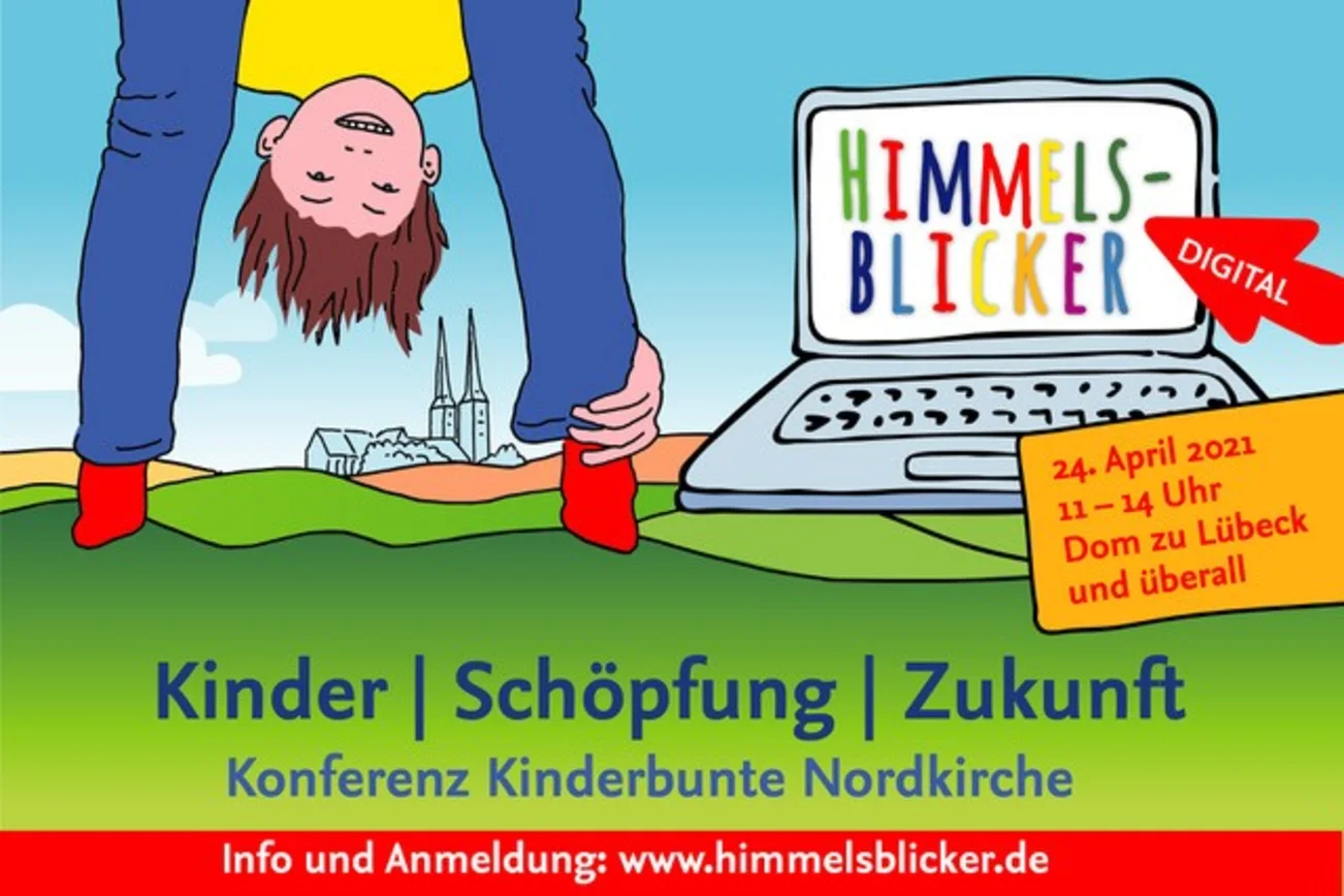 Gezeichnetes Bild: Ein Kind blickt durch seine eigenen Beine den Betrachter an. Im Hintergrund ist der Lübecker Dom zu sehen. Rechts steht auf einem Laptop das Wort Himmelsblicker.