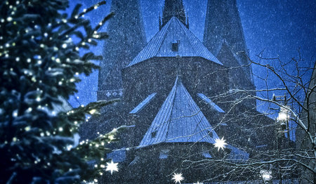Blick durch weihnachtliches Schneegestöber auf St. Marien- Auf der linken Seite sieht man einen halbem beleuchteten Tannenbaum