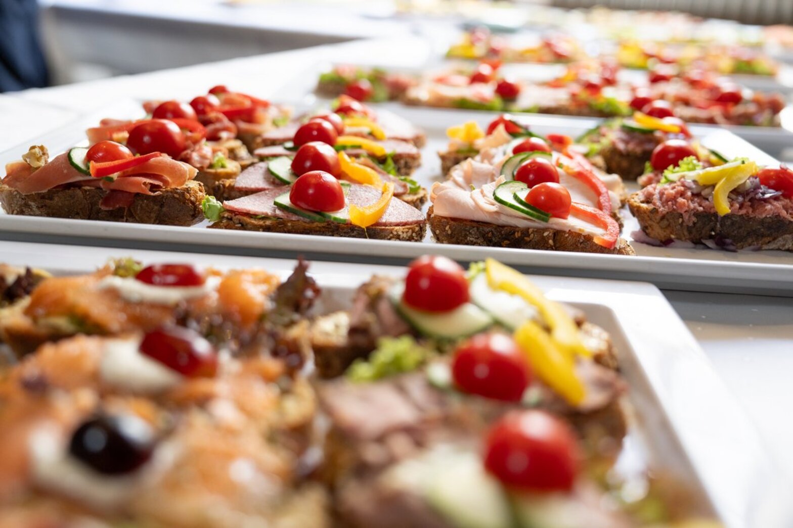 Mehrere Platten mit schön dekorieten Speisen.