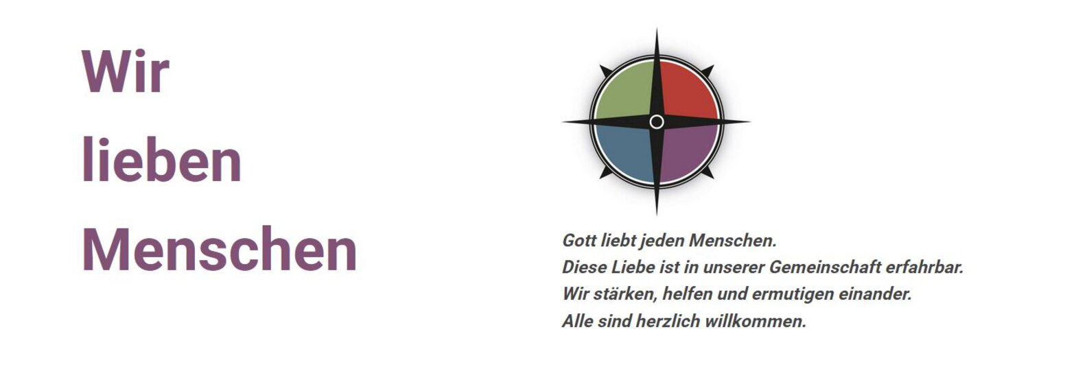 Text links "Wir lieben Menschen", rechts eine bunte Windrose und Text darunter