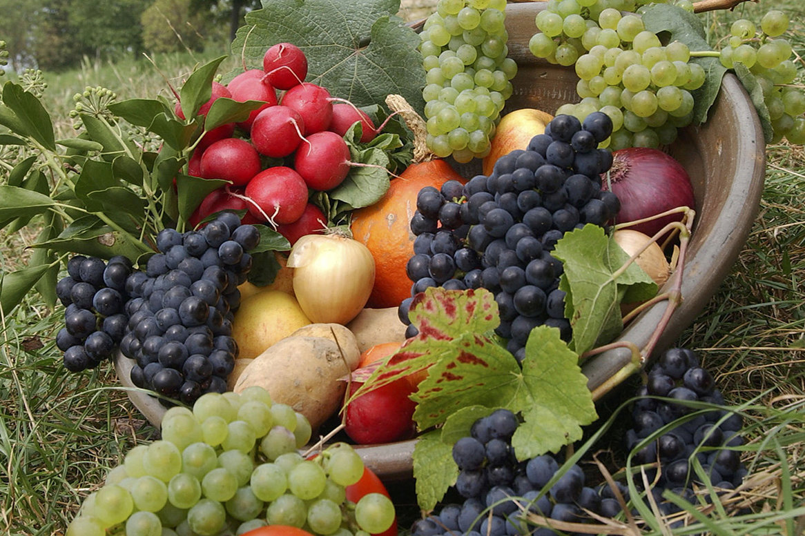 Eine Schale mit Obst und Gemüse zum Erntedank