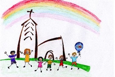 Kinder, die vor einer Kirche spielen und tanzen - Copyright: bearbeitet von Jutta Schapitz