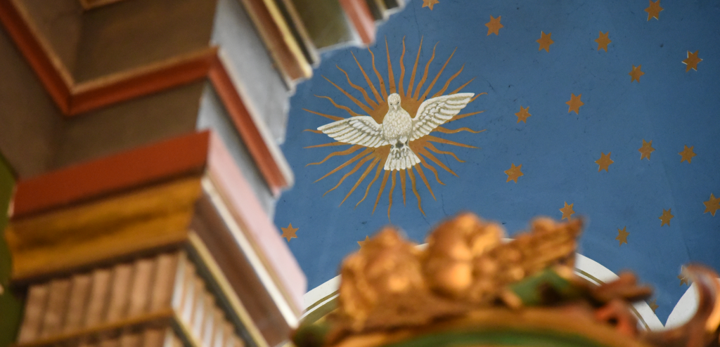 Ein weißer Vogel fliegt vor einer strahlenden Sonne, auf das Kirchengewölbe gemalt.