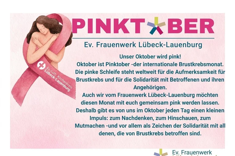 Text Pinktober aus pinkem Hintergrund mit Schleifer und Frau