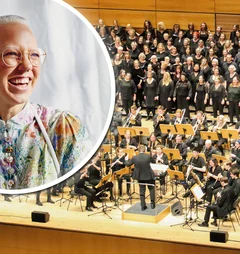 Collage aus einem Chorfoto und dem Porträt der Sängerin Stefanie Heinzmann