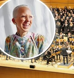 Collage aus einem Chorfoto und dem Porträt der Sängerin Stefanie Heinzmann