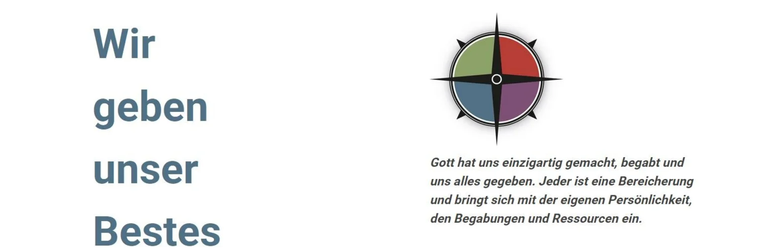 Text link "Wir geben unser Bestes", rechts eine bunte Windrose und Text darunter