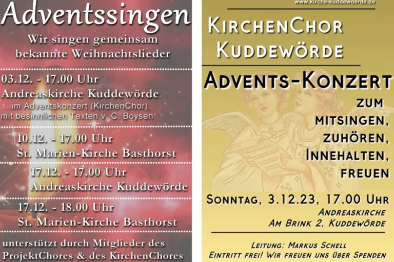  Adventssingen unter freiem Himmel oder in der Kirche Sonntag, 17. Dezember 2023 17:00 - 17:30 Uhr 