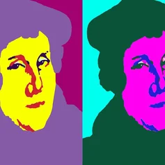 Martin Luther schaut den Betrachter an. Die Grafik hebt das Gesicht in gelb und lila hervor.