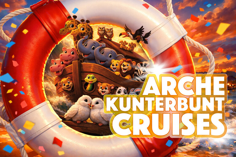 Illustration: Ein Rettungsring und in der Mitte sind viele niedliche Tiere jeweils ein Paar abgebildet auf einer Arche - weißer Text mit gelber transparenter Umrandung: ARCHE KUNTERBUNT CRUISES