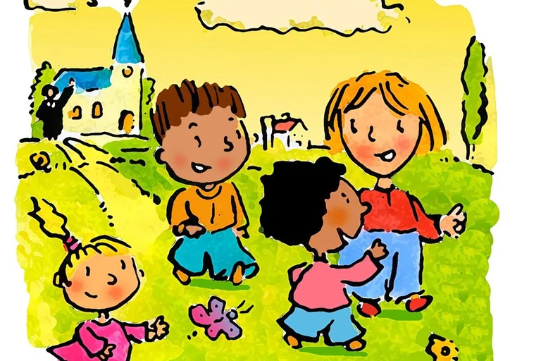 Zeichnung: Vier Kinder spielen auf einer Wiese. Im Hintergrund steht eine Kirche.