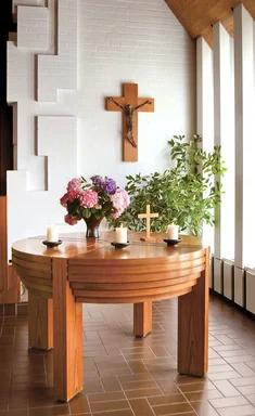 Blick auf den runden Holzaltar der Martin-Luther-Kirche Wentorf