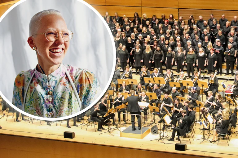 Collage aus einem Chorfoto und dem Porträt der Sängerin Stefanie Heinzmann