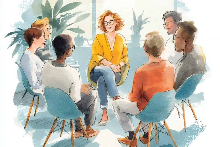 Illustration Menschen sitzen im Stuhlkreis