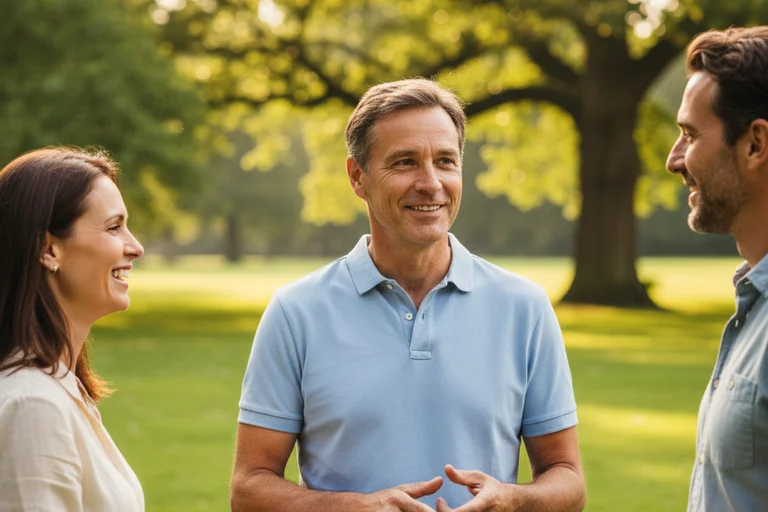 Zwei Männer und eine Frau unterhalten sich