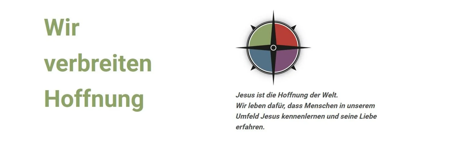 links Text "Wir verbreiten Hoffnung, rechts eine bunte Windrose und Text darunter