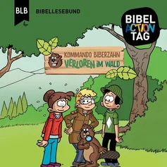 Eine Illustration mit drei Kindern vor einem Wald und einem Biber mit einer Lupe vor Ihnen. Unter dem Bild Text.