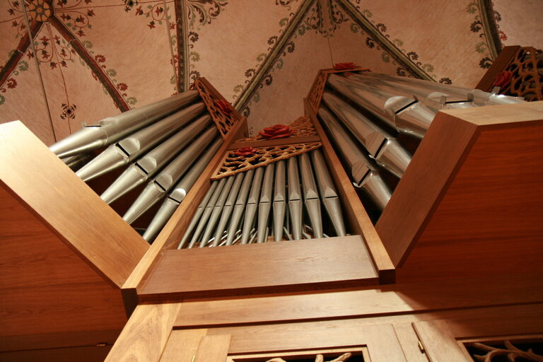 Orgelpfeifen einer großen Holz-Orgel von unten nach oben fotografiert.