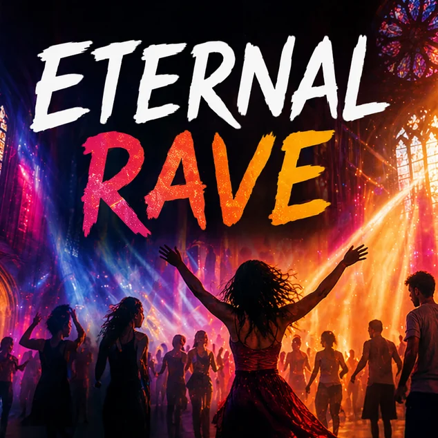 Die Illustration zeigt tanzende Menschen in einer mit bunten Lichtern erleuchteten Kirche. Im oberen Bereich des Bildes steht in großen, auffälligen Buchstaben der Text „ETERNAL RAVE“.