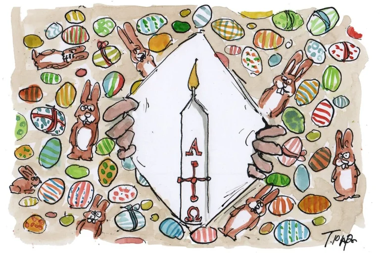 Zwei Hände öffnen in der Mitte ein Bild mit Ostereien und Osterhasen. Es kommt eine weiße Kerze zum Vorschein.