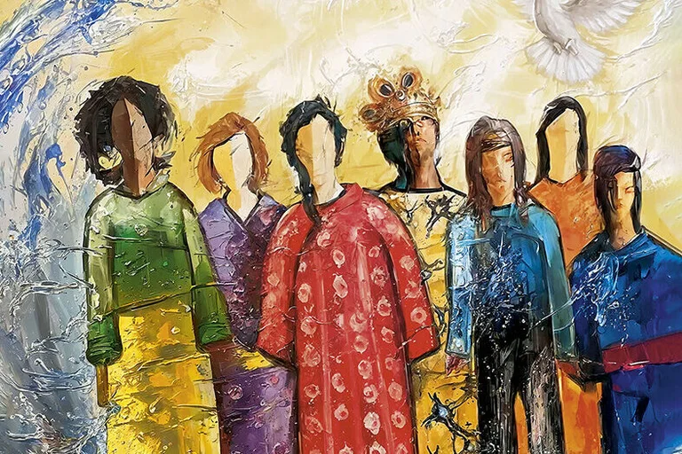 Gemälde, Frauen im Wasser mit Globus, Waage und Taube