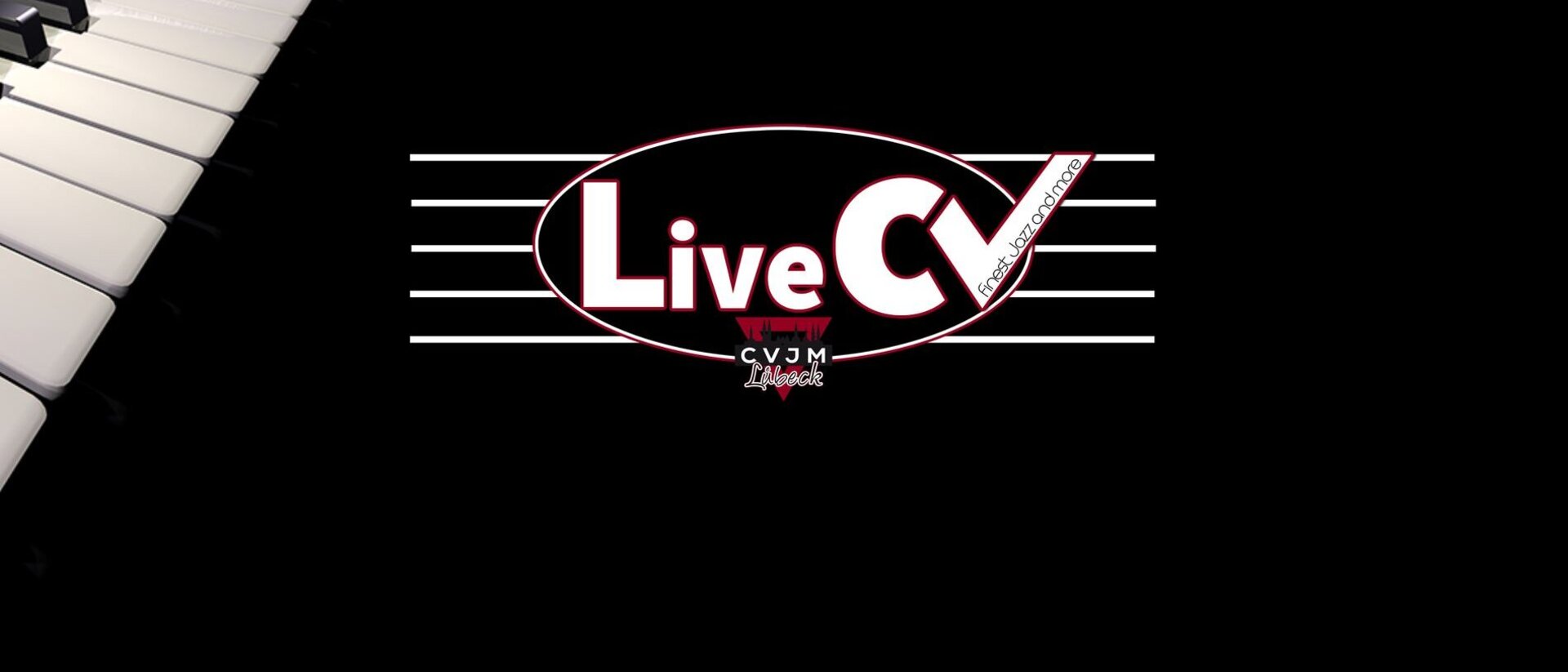 Schwarzer Hintergrund, auf der linken Seite sieht man die Ansatzweise die Tastatur eines Klaviers, in der Mitte ein Logo von LiveCV-Finest Jazz and more