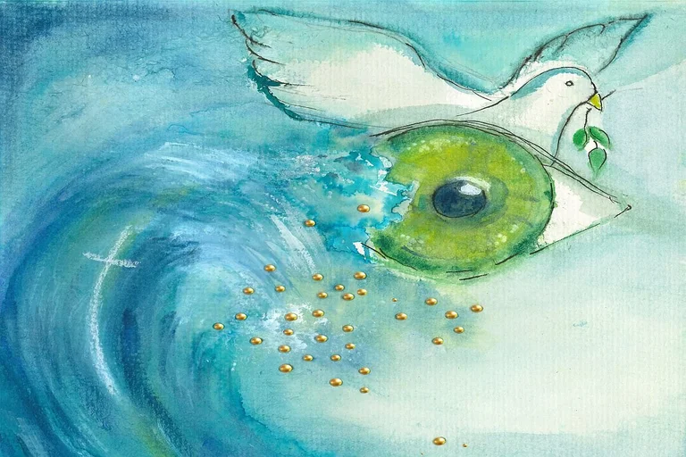 Zeichnung mit Kreuz, Welle, Auge und Taube in blau