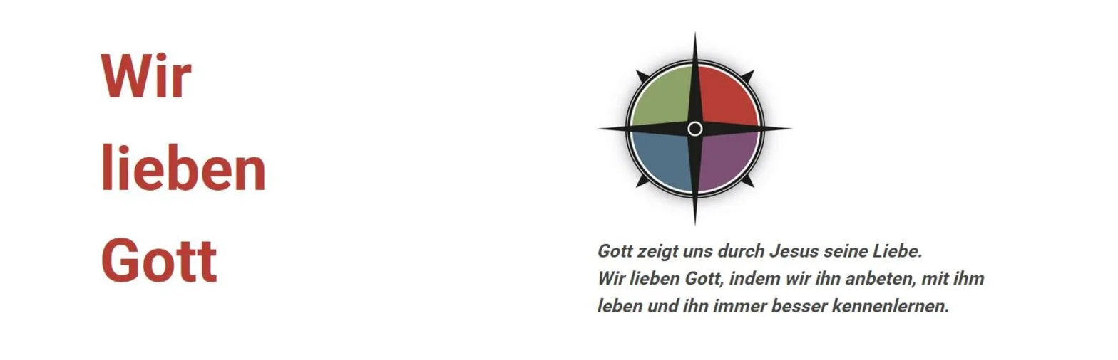 Text links "Wir lieben Gott" in roter Farbe, rechts eine bunte Windrose und Text darunter