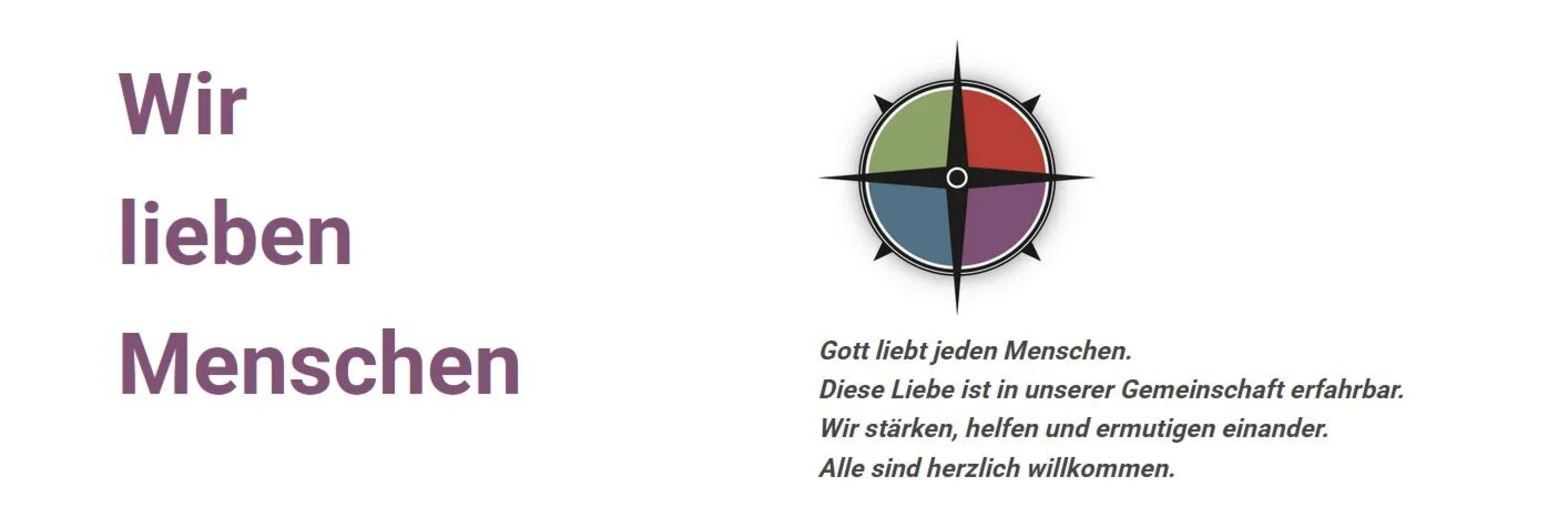 Text links "Wir lieben Menschen", rechts eine bunte Windrose und Text darunter