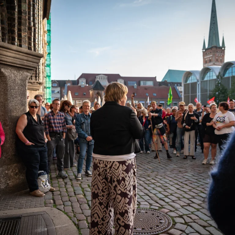Eine Person von hinten zu sehen spricht vor einer Gruppe Menschen.