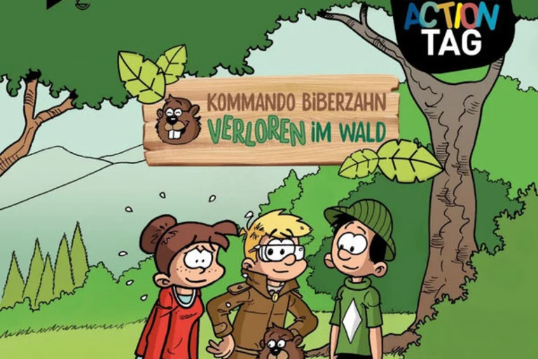 Eine Illustration mit drei Kindern vor einem Wald und einem Biber mit einer Lupe vor Ihnen. Unter dem Bild Text.