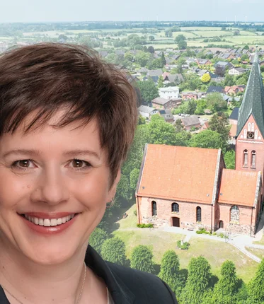 Eine Frau und eine Kirche auf einer Grafik
